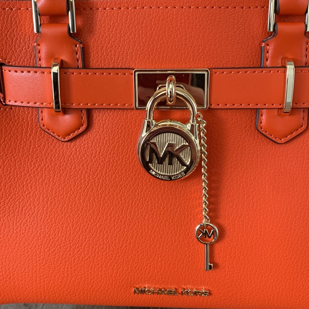 New Michael Kors Orange Red Clay Hamilton Small Satchel Bag Purse Crossbody Bag - Picture 3 of 8